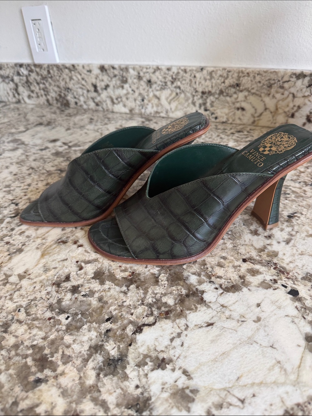 Vince Camuto Dark Green Croc-Embossed Leather Mule Heels - Picture 5 of 7